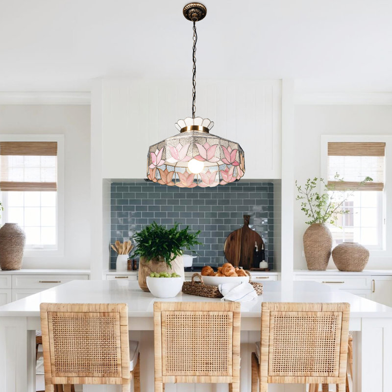 1 - Light 16" Pink Floral Stained Glass Pendant Light