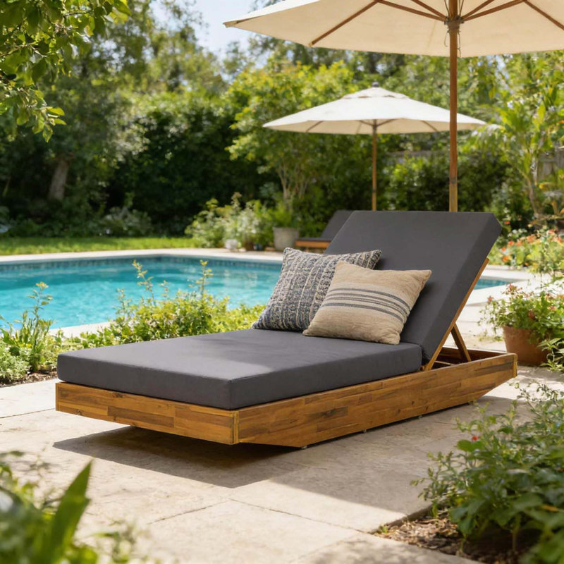 Modern Acacia Wood Chaise Lounge With Water-Repellent Cushion For Outdoor Relaxation, Dark Gray