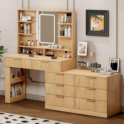Makeup Vanity Desk with Mirror and Lights,Modern Vanity Table with 8 Drawers and Storage Shelves,L Shape Change, Dressing Table with Power Outlet for by Latitude Run