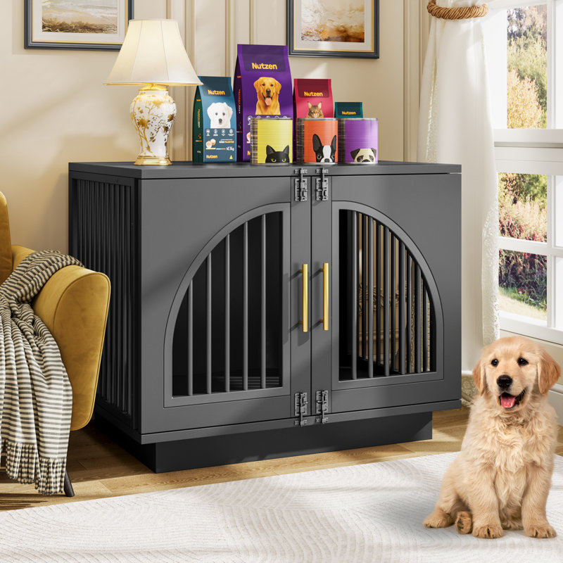  Table de bout en bois pour caisse de chien, chenil décoratif pour animaux avec portes doubles et loquets de sécurité pour petits chiens moyens, noir