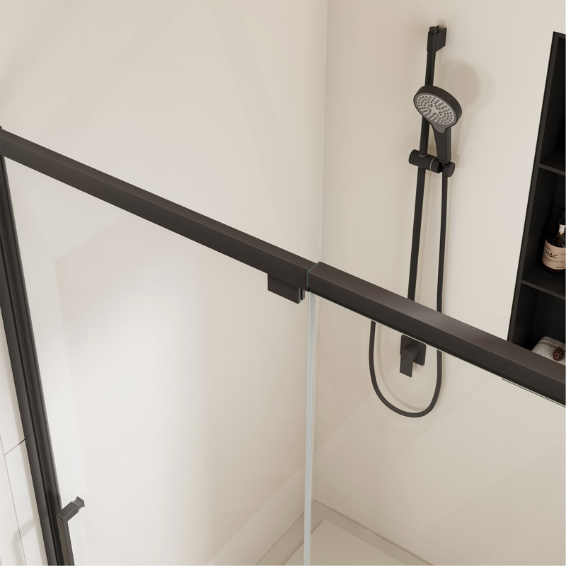Porte de douche réglable avec cadre de 44 à 48 po x H 72 po, verre trempé transparent de 6 mm avec film de sécurité, cadre en alliage d'aluminium noir mat, installation réversible