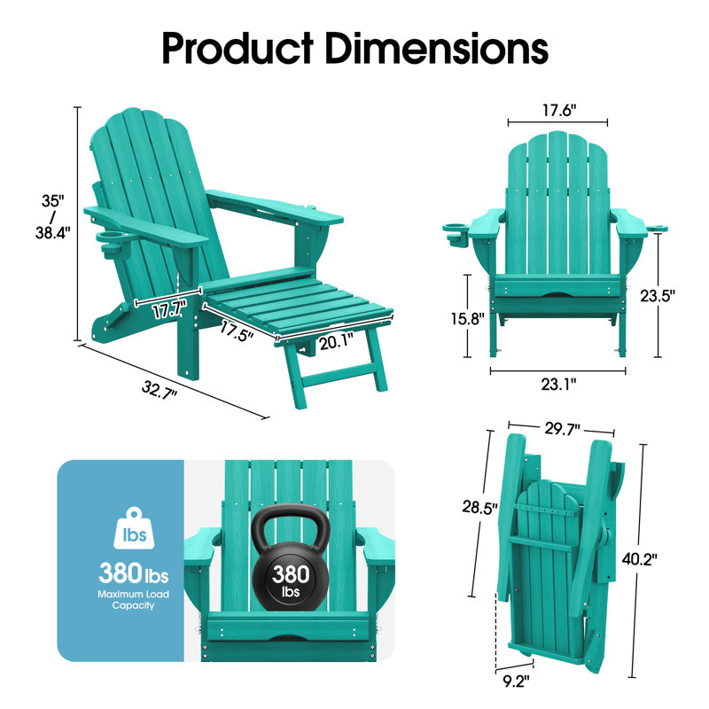 Chaises berçantes pliables en PEHD Adirondack avec repose-pieds rétractable, Lake Blue