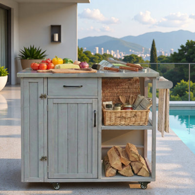 Outdoor Kitchen Island With Stainless Top, Towel, Spice Racks, Cabinet, Open Storage Space And Drawer