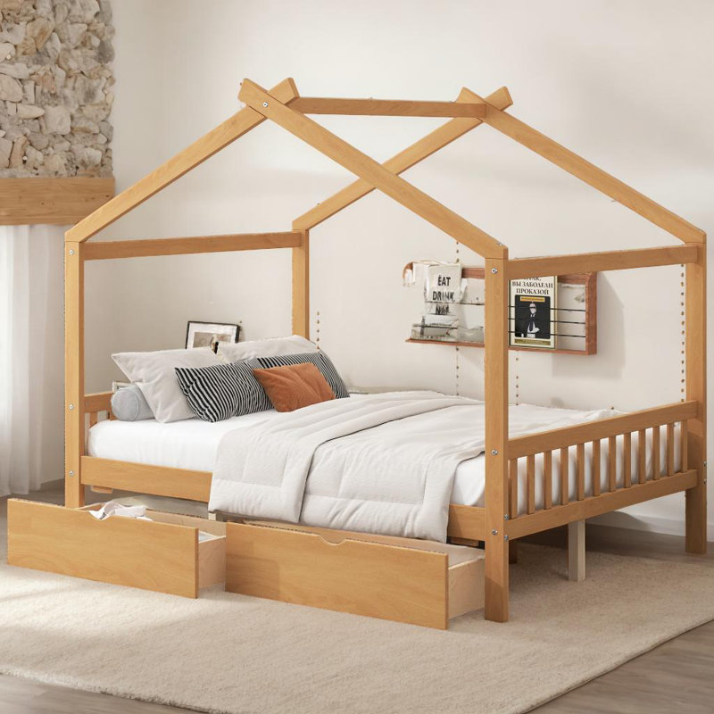 Roof House Design Kids Platform Bed with Two Drawers DIY Customizable, Brown