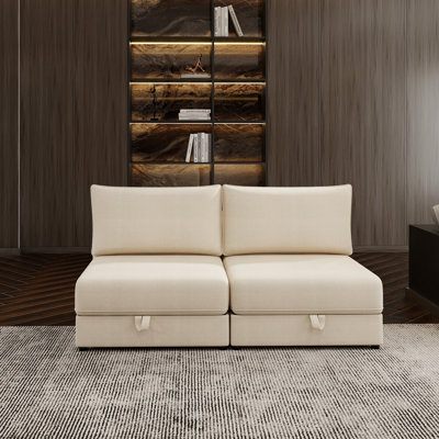 Canapé convertible modulable 2 places, 174 cm (L) x 88 cm (P) x 79,5 cm (H), tissu, 1 pièce, beige, sièges avec rangement intégré, 118 kg par siège