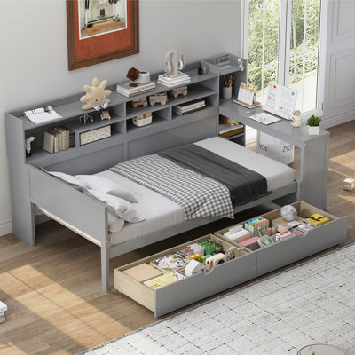 Lit de jour simple en bois avec tablettes de rangement, lit multifonctionnel avec deux tiroirs de rangement et bureau d'étude, gris