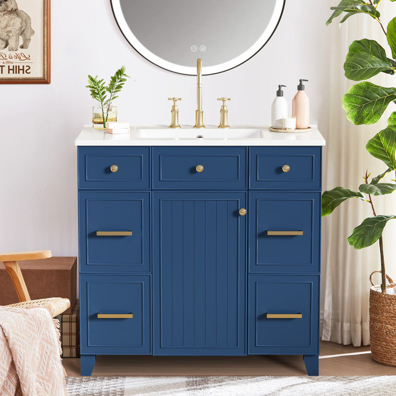 36" Bathroom Vanity With Ceramic Sink,solid Wood Frame, Soft Close Doors, Blue