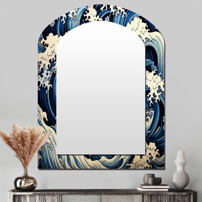Vagues japonaises dans une tempête I - miroir mural à arche tropicale côtière, miroir décoratif asymétrique blanc, impression sur métal