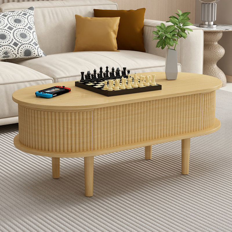 Table basse cannelée à plateau relevable avec compartiment caché, table centrale en bois, plateau de table ovale moderne pour bureau de salon à domicile