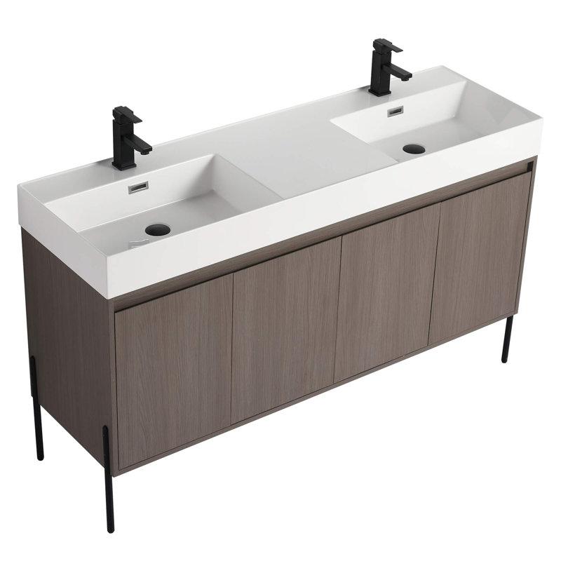 Meuble-lavabo double 60 po Ebord Designs Yordana Ebern Designs, Blanc, Chêne gris