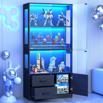 Display Cabinet with Glass Doors, 4-Tier Display Case with 3-Color Lights & Human Body Sensor, Storage Cabinets with Bottom Storage & 2 Drawers for Collectibles, Black Oak
