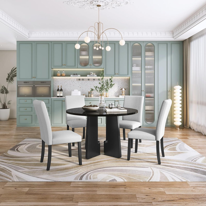 5-Piece Round Dining Table set, 43-Inch Modern Dining Table and 4 Upholstered Chairs, Beige, Black