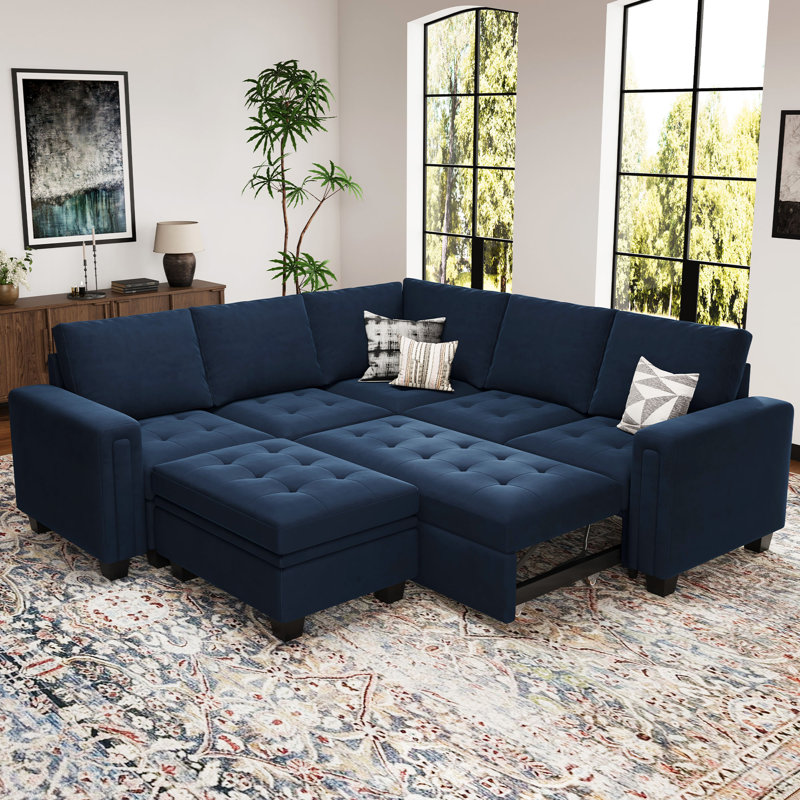 Lit modulaire en velours avec rangement et repose-pieds pour le salon, Velours bleu