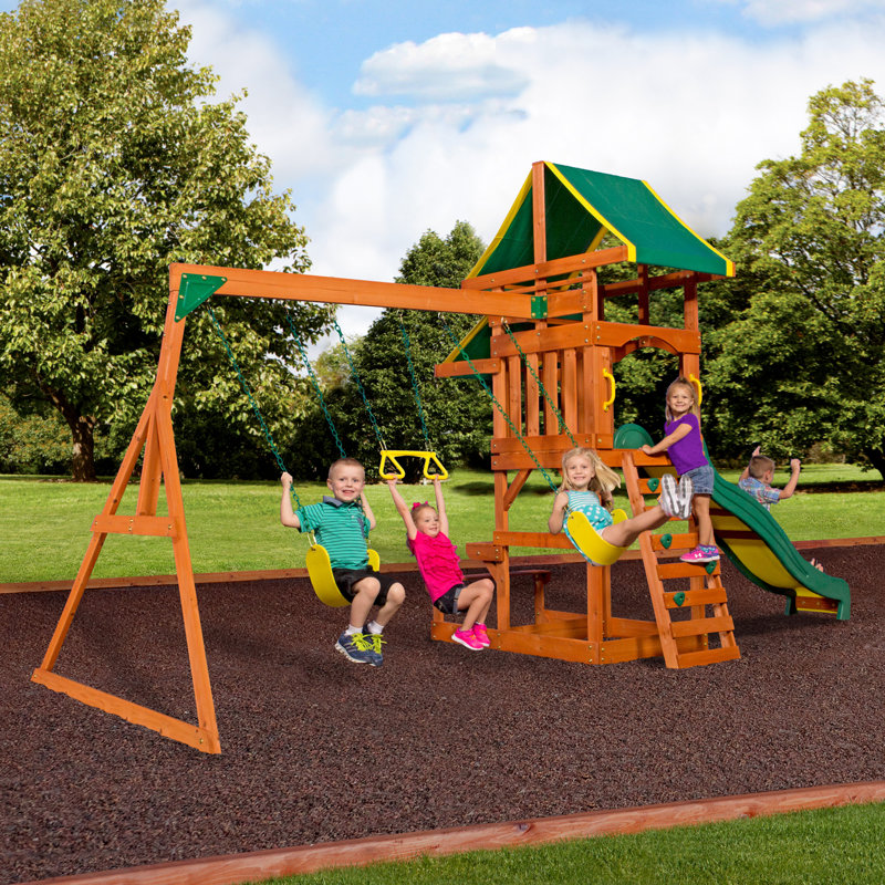 Backyard Discovery Tucson Cedar Wood Swing Set with Wave Slide, Play Deck, Rock Wall Ladder, and Snack Bar Window