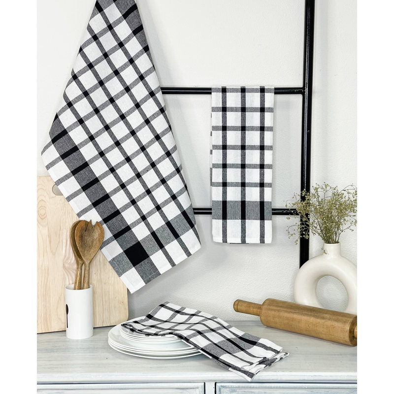 Cotton Plaid Jacquard Dish Cloth Kitchen Towel, Black/White