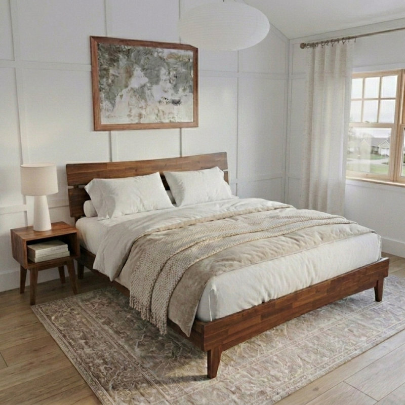 Ensemble de chambre à coucher pour lit très grand 2 pièces - Base de lit plateforme en bois massif d'acacia Aurora et table de chevet assortie, moderne Mid-Century, finition noyer, capacité de 800 lb, rangement, sans sommier, facile à assembler