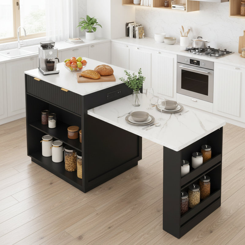 Îlot de cuisine cannelé avec table de salle à manger extensible, prise de courant, rangement double, 2 tiroirs et 2 tablettes ouvertes latérales