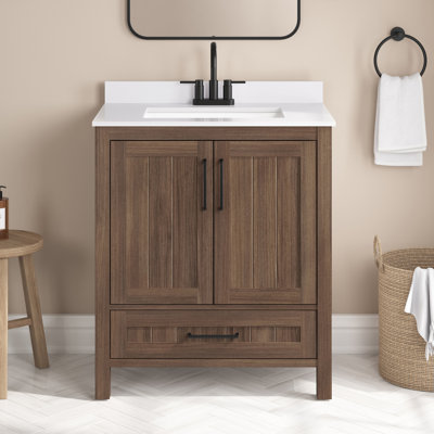 Meuble-lavabo simple 30 po Kansas en noyer épicé, plateau en pierre d'ingénierie blanc tourterelle, quincaillerie noir mat
