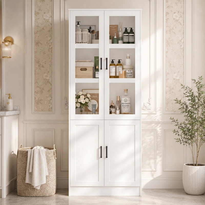 79.7'' H Bathroom Cabinet With Adjustable Shelves, Wood Storage Bathroom Cabinet With Glass Doors, WHITE