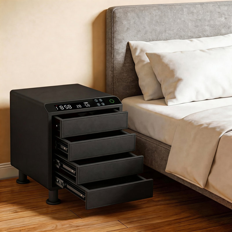 Luxury Leather Chest with Fingerprint & App Control, WiFi/Bluetooth Smart Biometric Security Box with LED, Temperature/Humidity Display for Bedroom, Closet & Office