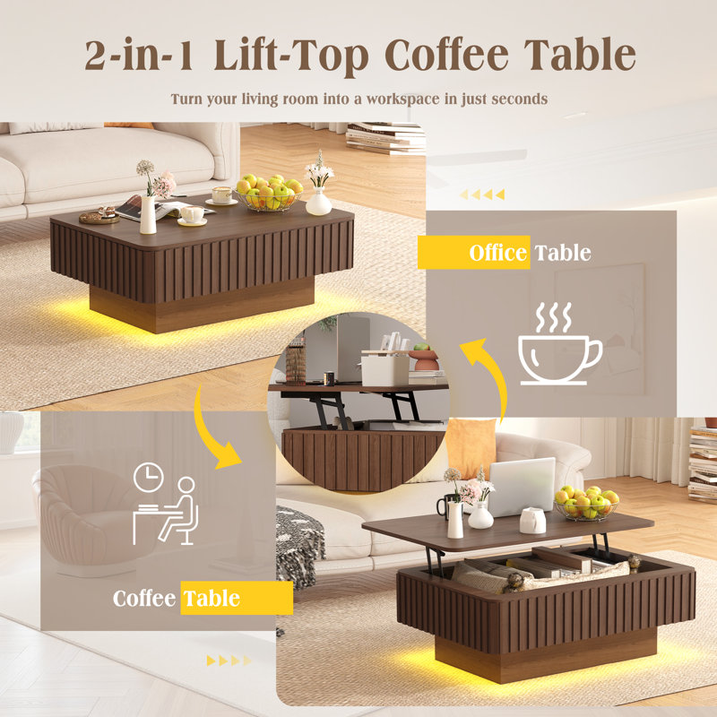 Table basse cannelée à plateau relevable avec station de charge, table basse rectangulaire Mid-Century avec rangement caché et éclairage à DEL, tables de salle à manger en bois avec plateau relevable pour le bureau du salon