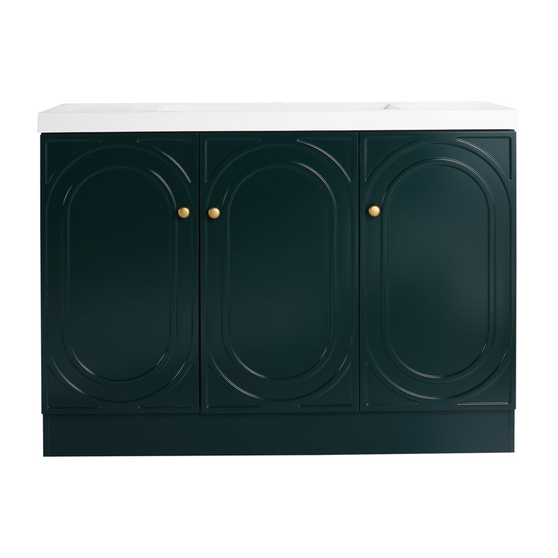 Meuble-lavabo autoportant avec lavabo en résine et portes d'armoire à fermeture en douceur, offrant des tablettes réglables et des poignées personnalisables pour une salle de bain moderne