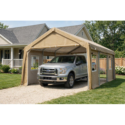 Auvent 10 x 20 pi pour abri d'auto robuste, abri de garage portatif - housse 180 g PE résistante aux rayons UV - 4 portes à enroulement, 4 fenêtres, parois latérales amovibles pour voiture / camion / bateau, jaune (par défaut du système)