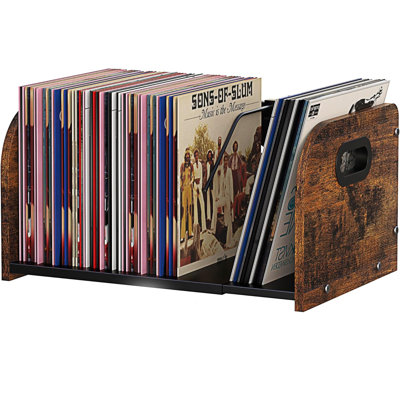 Expandable Wood & Metal Vinyl Record Rack (13.38-22.83"L) – 60-110 LP Capacity Adjustable Organizer with Movable Divider & Handle