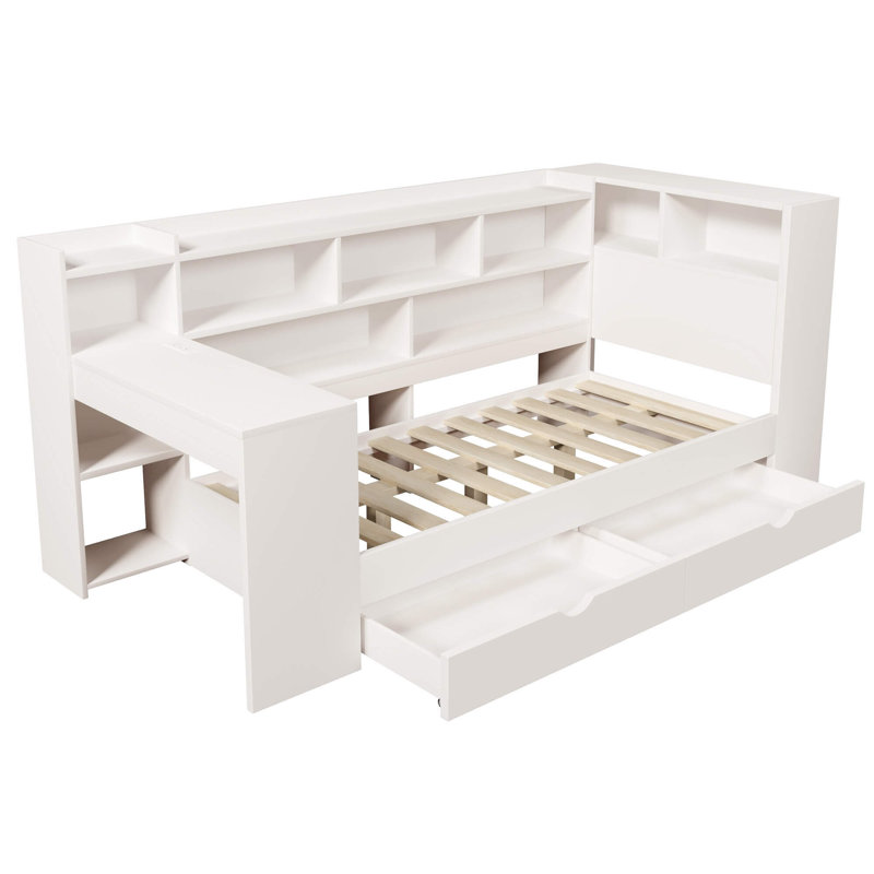 3ft Single Wooden Daybed with Bookcase & Computer Desk, Sofa Bed Frame with Storage Drawers & USB-C Charging Port, Multifunctional Bed for Bedroom & Living Room, White, 90 x 190cm