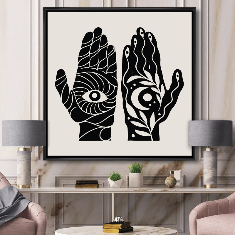 «Hamsa Hands with Eye and Moon Black and White Illustration», reproduction d'impression sur toile, H 16 po x l 16 po x P 1 po