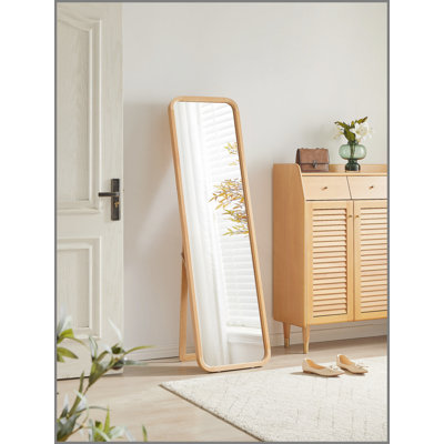 Solid Beech Wood Full Length Mirror, Freestanding Floor Mirror with Stand, Natural Wood Frame Body Mirror for Bedroom Living Room, 2-in-1 Wall Mounted Dressing Mirror