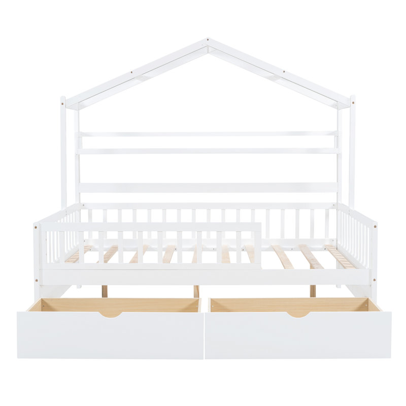 Lit en bois avec 2 tiroirs et tablette de rangement, Blanc, Double