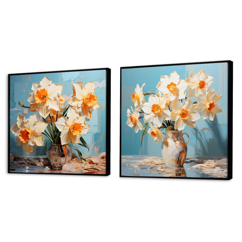 Jonquilles fleuries avec un pinceau féroce - ensemble de 2 jonquilles carrées, Cadre flottant noir, H 16 po x l 33 po