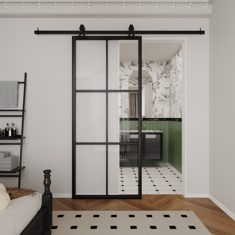 Porte de grange coulissante en aluminium noir, métal, verre clair, 6 carreaux, 91,4 cm x 213,4 cm (H), avec quincaillerie