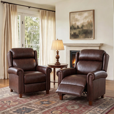Eloi 33.1" Wide Vintage Top Grain Leather Wingback Push-Back Recliner With Nailhead Trim (Set Of 2)