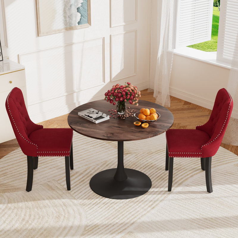 Round Pedestal Dining Set with 2 chairs, Brown/Black, Red