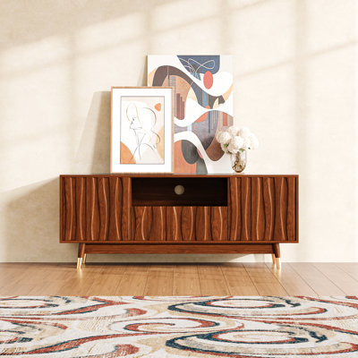 Meuble télé 55,9 po à finition noyer pour meuble télé 35/45/55 po, meuble multimédia Mid-Century moderne avec tiroir et 2 armoires, console média pour le salon et la chambre à coucher, brun 