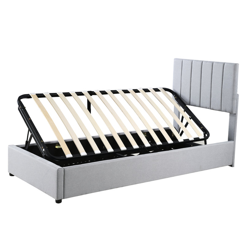 Lit plateforme simple tapissier avec système de rangement hydraulique, gris, Gray