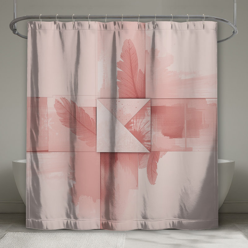 Rideau de douche rose à plumes abstraites très long, L 70 po x H 84 po