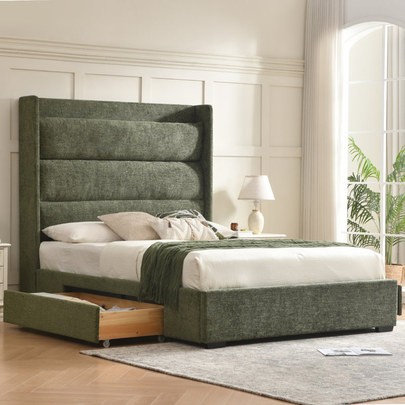 Upholstered Platform Bed With Tall Headboard And Spacious Solid Wood Drawers, Green, Queen