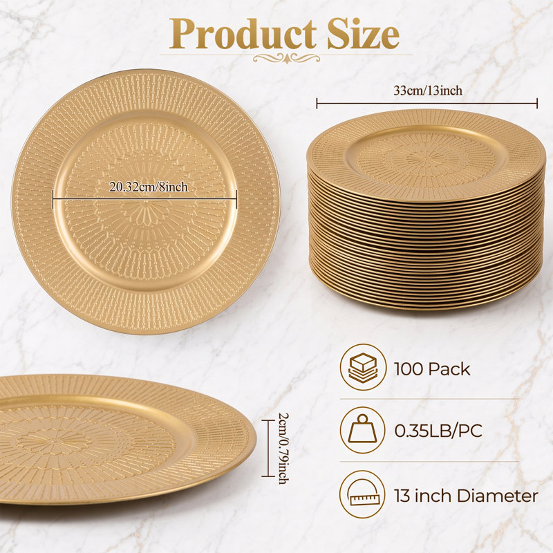 Lot de 100 assiettes décoratives en plastique doré, 33 cm (13 pouces), idéales pour la décoration de table lors de mariages et autres événements.