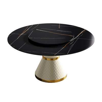 Table de salle à manger 58,7 po ronde en pierre frittée - base noire pour stabilité 6 disques rotatifs 31,5 po blanc avec unité centrale, facile à nettoyer et à entretenir