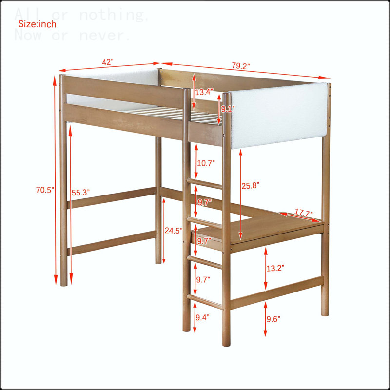 Lit mezzanine simple avec bureau, tête de lit et pied de lit rembourrés Boucle avec échelle, garde-corps de sécurité