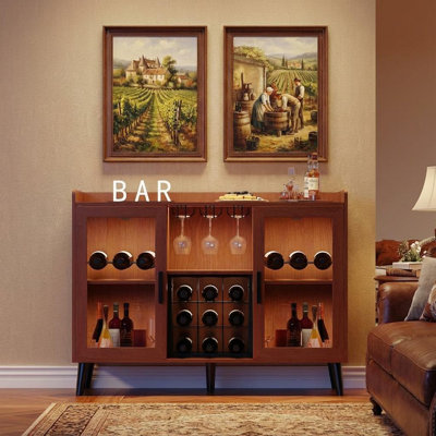 Armoire de bar à vin autoportante avec support à vin et lumière DEL, armoire de maison, buffet de cuisine et armoire à café avec porte-verre, avec porte en verre pour le salon, la salle à manger