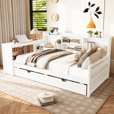 Twin Size Corner Daybed With Storage Drawers & Desk & Charging Port & Bookcase Of White Color