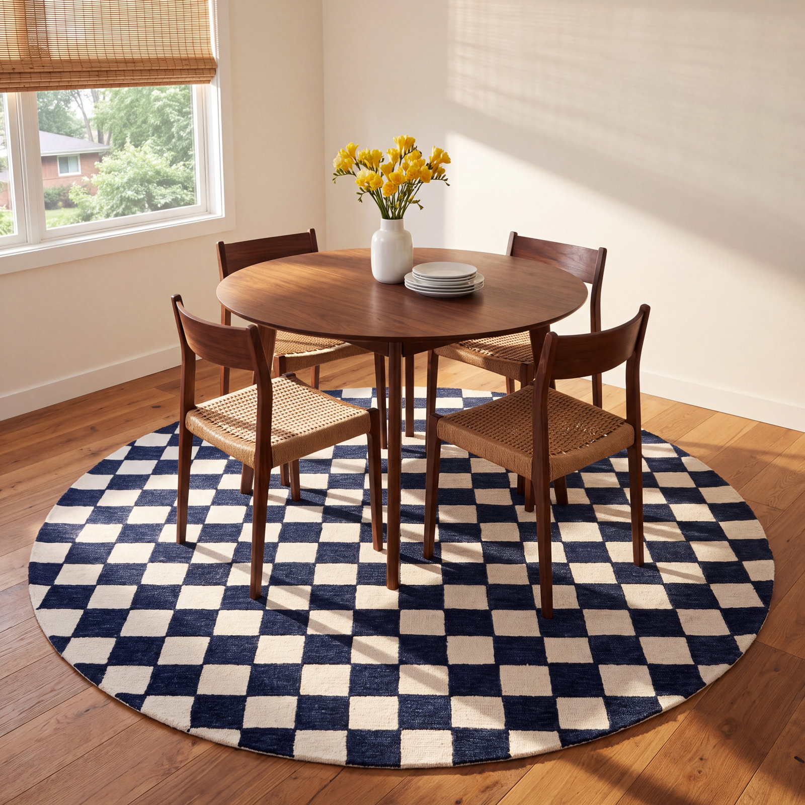 Freemont Navy Ivory Hand-Tufted Checkered Rug, Round 6'