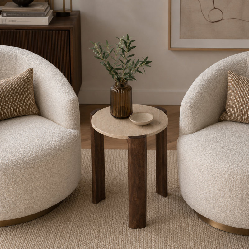 Modern Round Travertine Top Accent Side Table With Mango Wood Base For Living Room Decor - Narrow End Table For Sofa Or Bedroom - 22", Brown & Tan