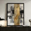 Croix abstraite moderne: texture craquelée dorée avec panneaux noirs et gris, style d'art moderne mixte. Toile encadrée 24 "x 36" avec cadre en bois noir
