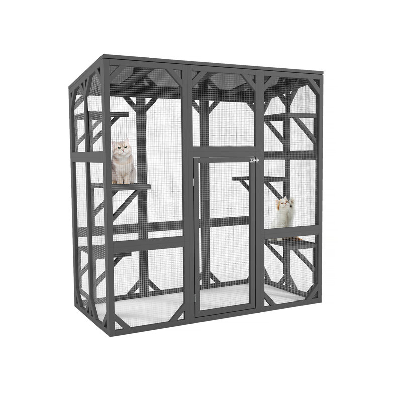 Enclos d'extérieur pour chat en bois avec plusieurs plateformes et une grande porte pour chats