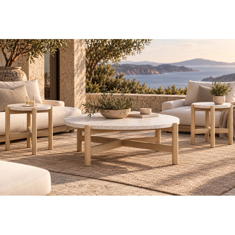Ensemble de 3 tables rondes d'extérieur Mimi - 2 tables d'appoint et table basse assortie avec plateau en terrazzo et pieds en bois d'acacia